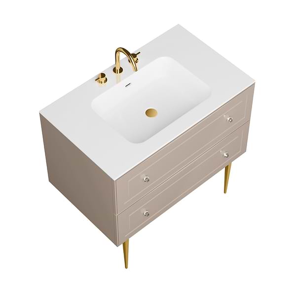 Alma Taupe 36" Vanity with Gold Legs & Knobs with Integrated White Solid Surface Top