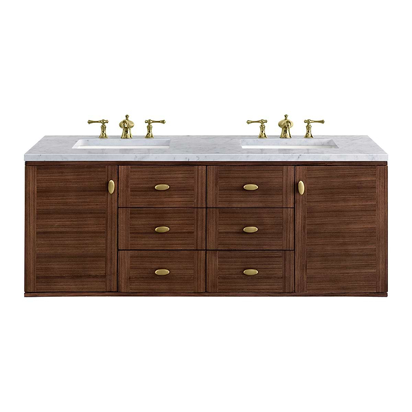 James Martin Vanities Amberly Mid-Century Walnut 60" Double Vanity with Carrara Marble Top