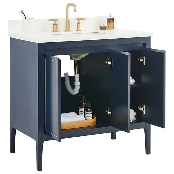 Province Navy and Gold 36" Single Vanity with Pure White Quartz Top