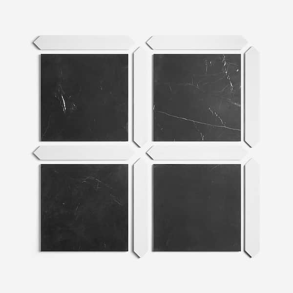 Prezzo Black Silk 12x12 Square and Glacier White 2x12 Picket Honed Marble Tile