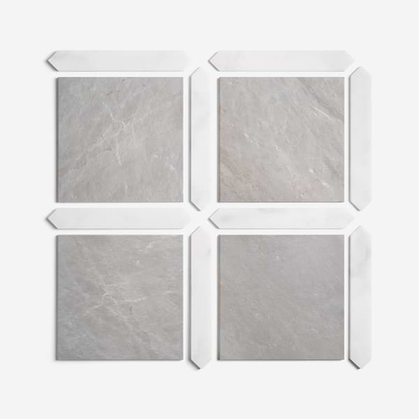 Prezzo Ice Gray 12x12 Square and Glacier White 2x12 Picket Honed Marble Tile