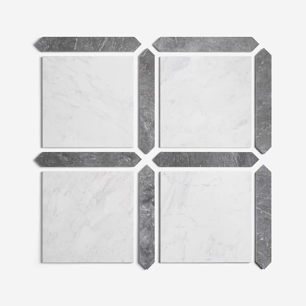 Prezzo Volakas 12x12 Square and Lovina Gray 2x12 Picket Honed Marble Tile