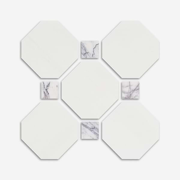 Alaris Glacier White 8" Octagon with Lilac Dot Tumbled Marble Tile