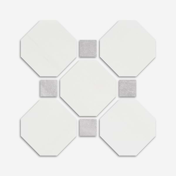 Alaris Glacier White 8" Octagon with Earth Gray Dot Tumbled Marble Tile