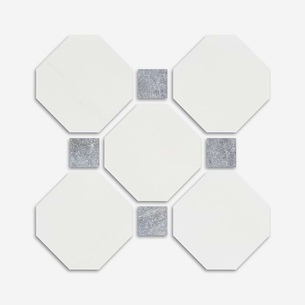 Alaris Glacier White 8" Octagon with Lovina Gray Dot Tumbled Marble Tile