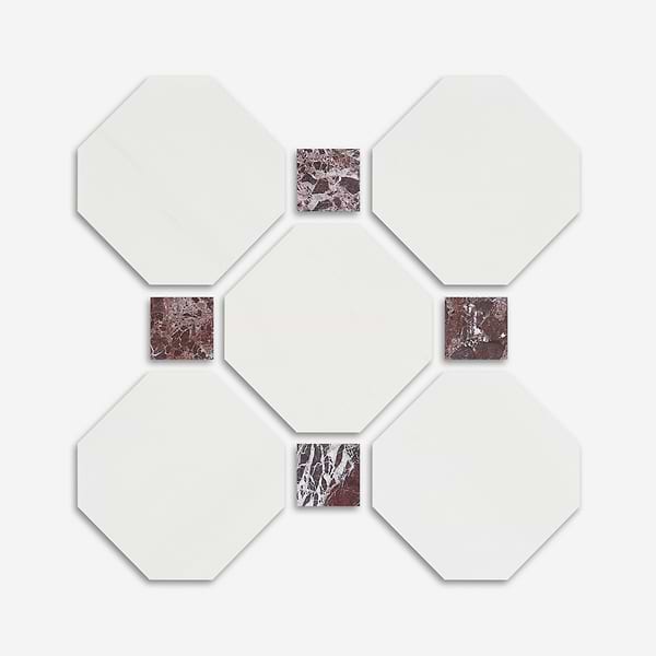 Alaris Glacier White 8" Octagon with Rosso Levanto Dot Tumbled Marble Tile