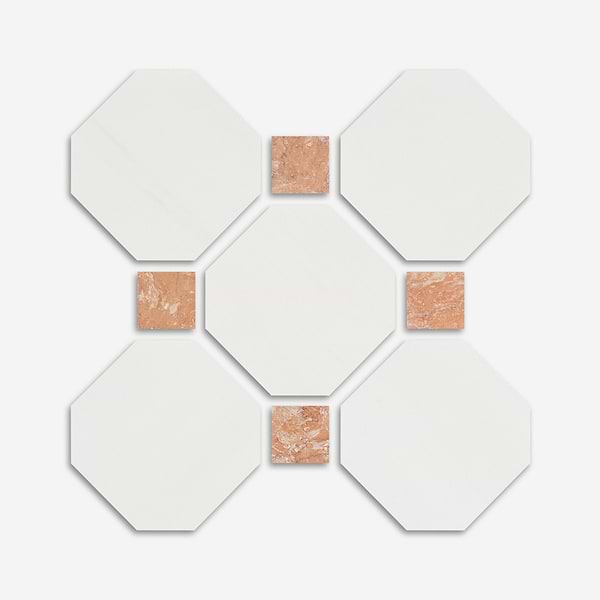 Alaris Glacier White 8" Octagon with Bellini Dot Tumbled Marble Tile