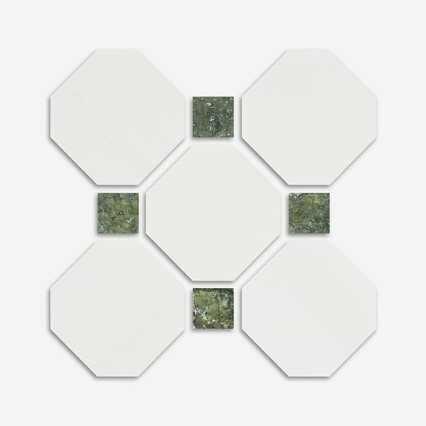 Alaris Glacier White 8" Octagon with Verde Dot Tumbled Marble Tile