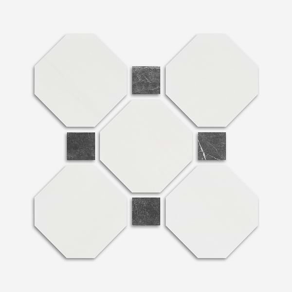 Alaris Glacier White 8" Octagon with Black Silk Dot Tumbled Marble Tile