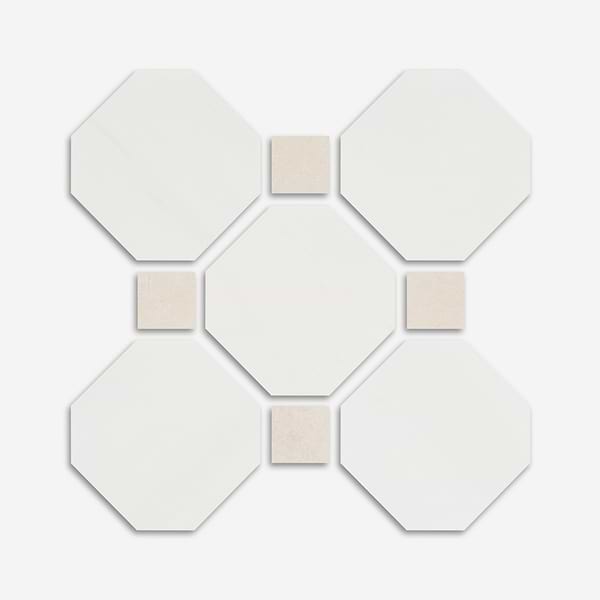 Alaris Glacier White 8" Octagon with Crema Ella Dot Tumbled Marble Tile