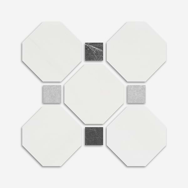 Alaris Glacier White 8" Octagon with Black Silk and Earth Gray Dot Tumbled Marble Tile