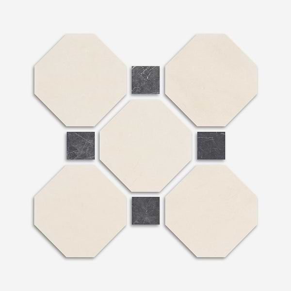 Alaris Simena 8" Octagon with Black Silk Dot Tumbled Limestone and Marble Tile