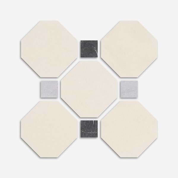 Alaris Simena 8" Octagon with Black Silk and Earth Gray Dot Tumbled Limestone and Marble Tile