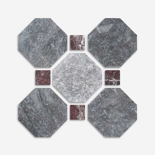 Alaris Lovina Gray 8" Octagon with Rosso Levanto Dot Tumbled Marble Tile