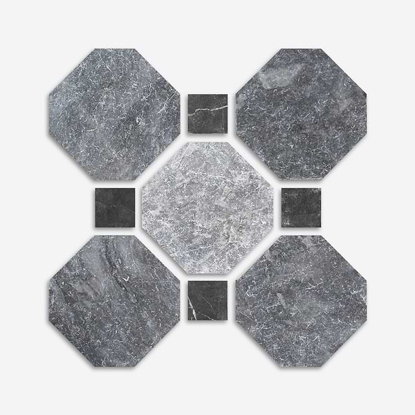 Alaris Lovina Gray 8" Octagon with Black Silk Dot Tumbled Marble Tile