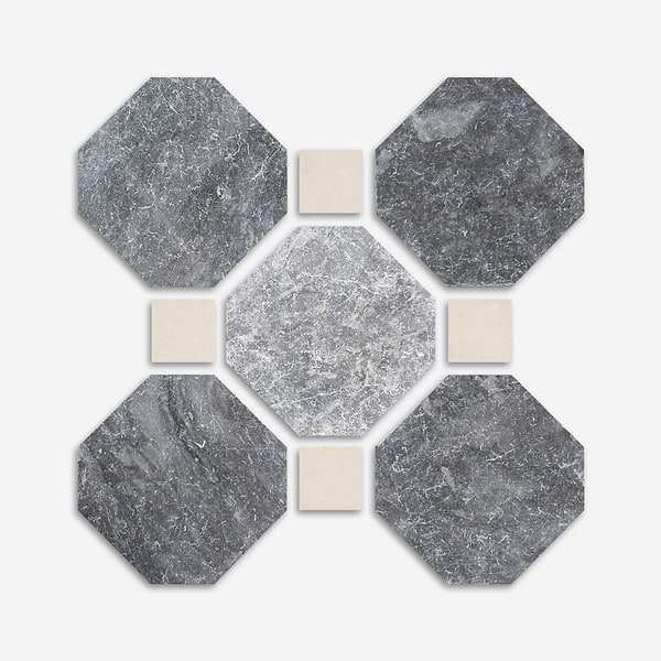 Alaris Lovina Gray 8" Octagon with Crema Ella Dot Tumbled Marble Tile