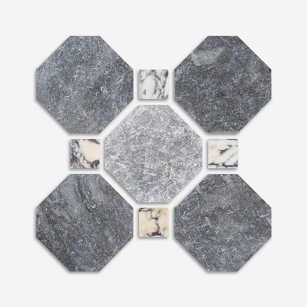 Alaris Lovina Gray 8" Octagon with Calacatta Viola Dot Tumbled Marble Tile