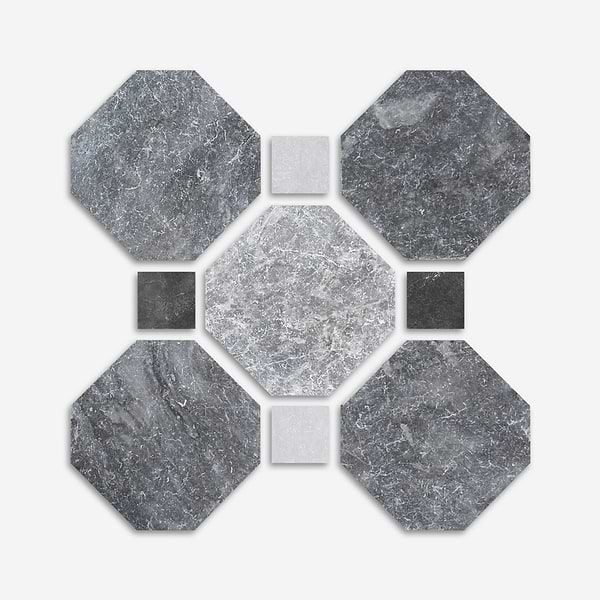 Alaris Lovina Gray 8" Octagon with Black Silk and Earth Gray Dot Tumbled Marble Tile