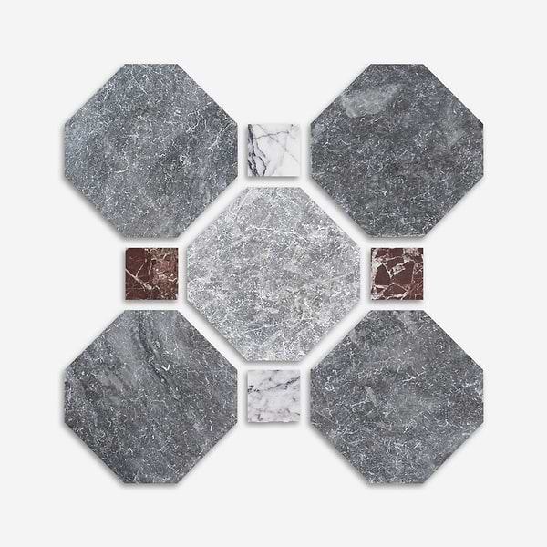 Alaris Lovina Gray 8" Octagon with Lilac and Rosso Levanto Dot Tumbled Marble Tile