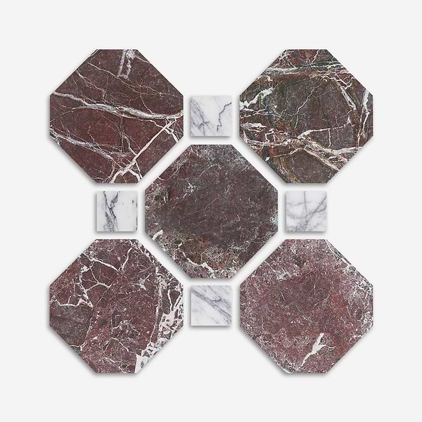 Alaris Rosso Levanto 8" Octagon with Lilac Dot Tumbled Marble Tile