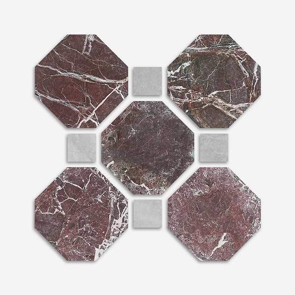 Alaris Rosso Levanto 8" Octagon with Earth Gray Dot Tumbled Marble Tile