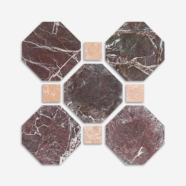 Alaris Rosso Levanto 8" Octagon with Bellini Dot Tumbled Marble Tile
