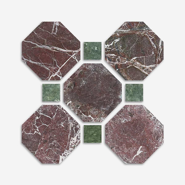 Alaris Rosso Levanto 8" Octagon with Verde Dot Tumbled Marble Tile