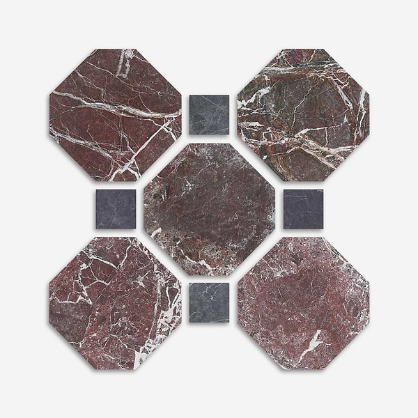 Alaris Rosso Levanto 8" Octagon with Black Silk Dot Tumbled Marble Tile