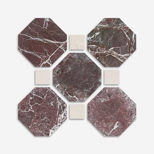 Alaris Rosso Levanto 8" Octagon with Crema Ella Dot Tumbled Marble Tile