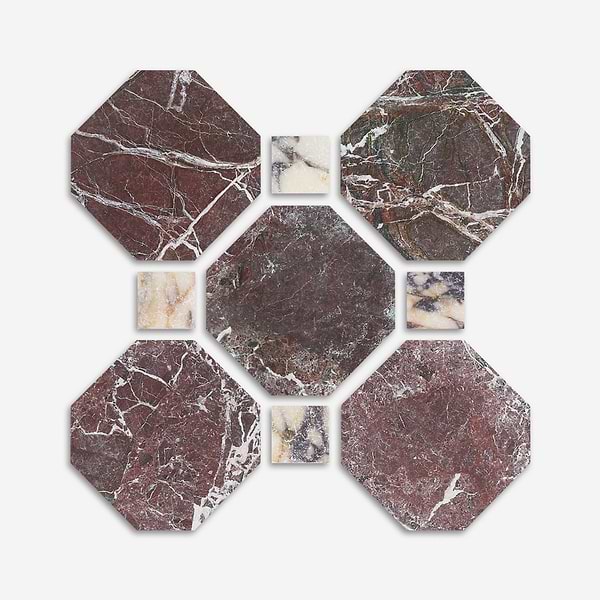 Alaris Rosso Levanto 8" Octagon with Calacatta Viola Dot Tumbled Marble Tile