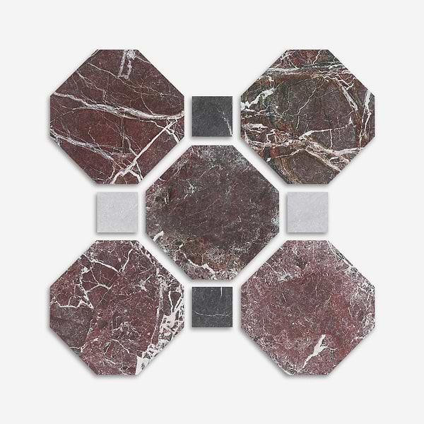 Alaris Rosso Levanto 8" Octagon with Black Silk and Earth Gray Dot Tumbled Marble Tile