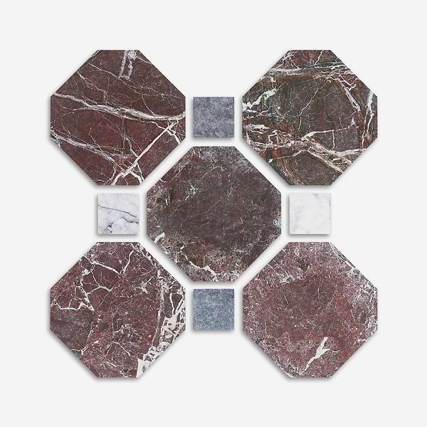 Alaris Rosso Levanto 8" Octagon with Lilac and Lovina Gray Dot Tumbled Marble Tile