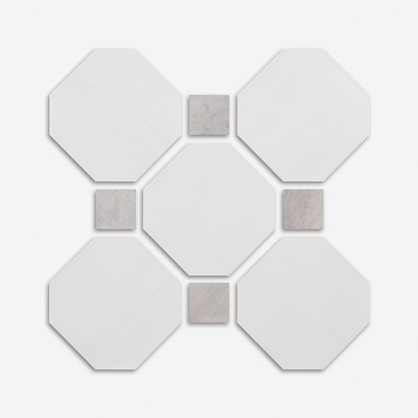 Alaris Glacier White 12" Octagon with Earth Gray Dot Honed Marble Tile