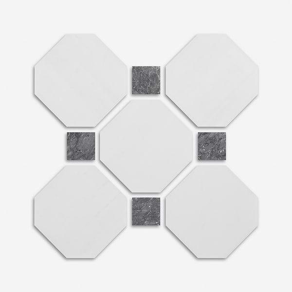 Alaris Glacier White 12" Octagon with Lovina Gray Dot Honed Marble Tile