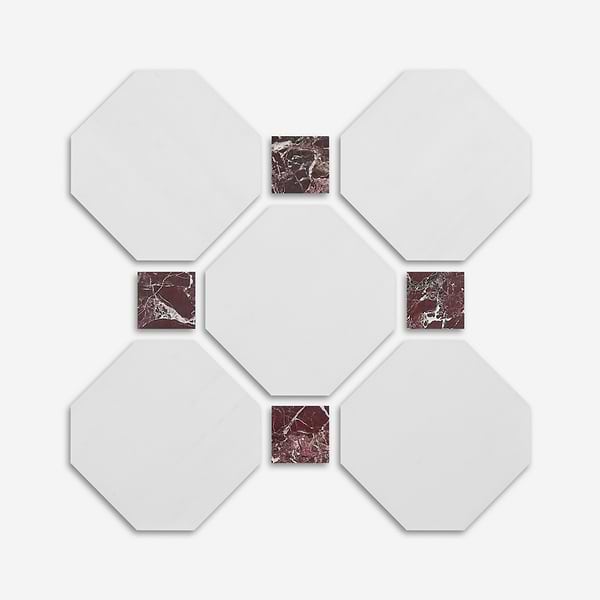 Alaris Glacier White 12" Octagon with Rosso Levanto Dot Honed Marble Tile