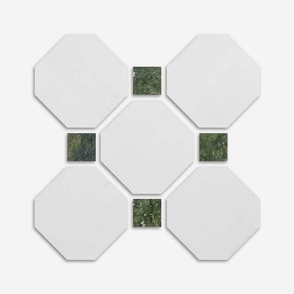 Alaris Glacier White 12" Octagon with Verde Dot Honed Marble Tile