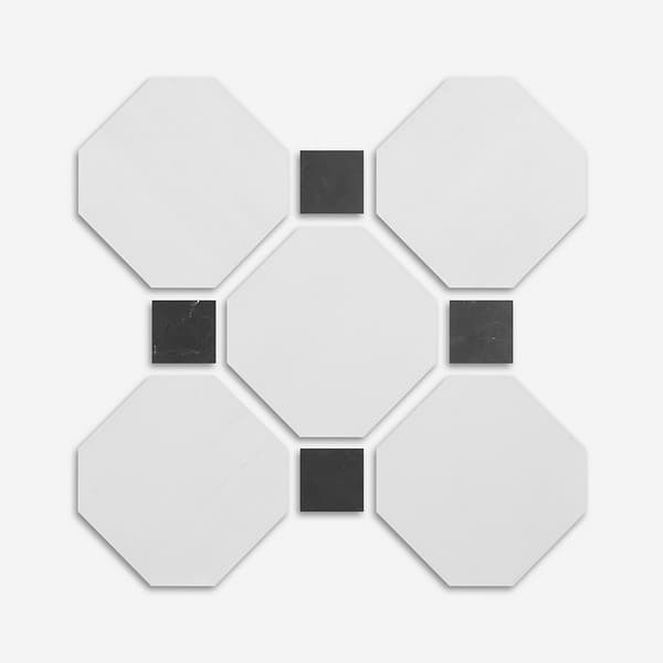 Alaris Glacier White 12" Octagon with Black Silk Dot Honed Marble Tile