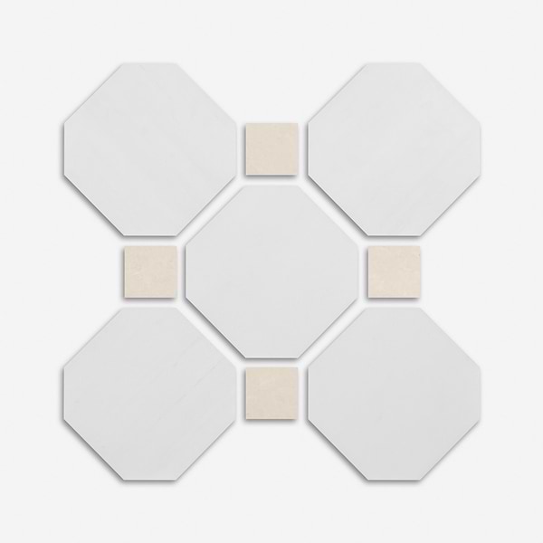 Alaris Glacier White 12" Octagon with Crema Ella Dot Honed Marble Tile