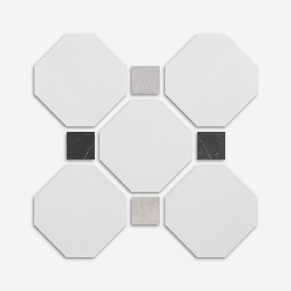 Alaris Glacier White 12" Octagon with Black Silk and Earth Gray Dot Honed Marble Tile