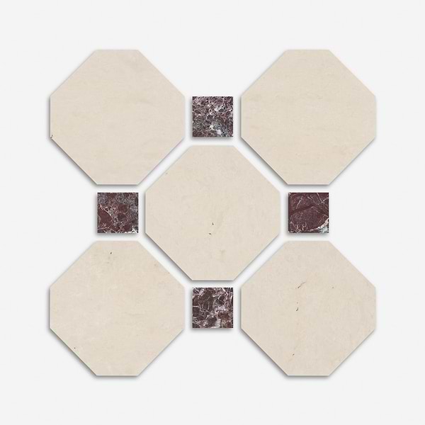 Alaris Crema Ella 12" Octagon with Rosso Levanto Dot Honed Marble Tile
