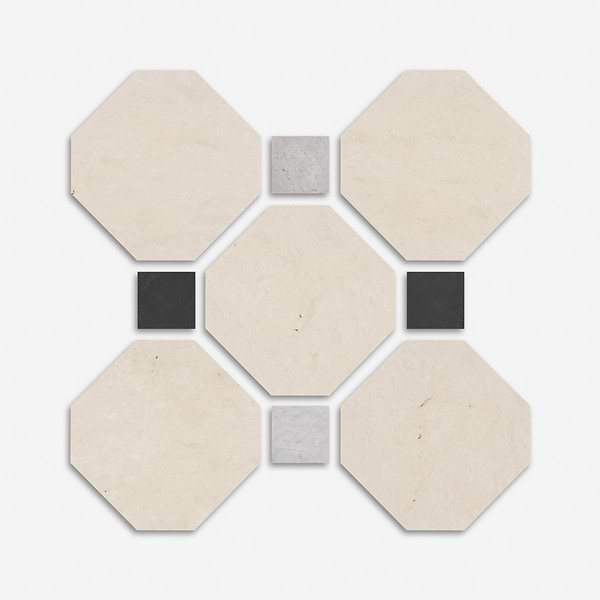 Alaris Crema Ella 12" Octagon with Black Silk and Earth Gray Dot Honed Marble Tile