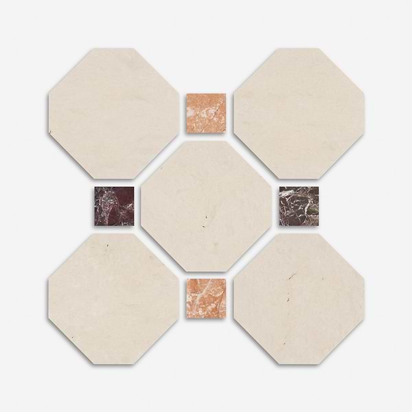 Alaris Crema Ella 12" Octagon with Bellini and Rosso Levanto Dot Honed Marble Tile