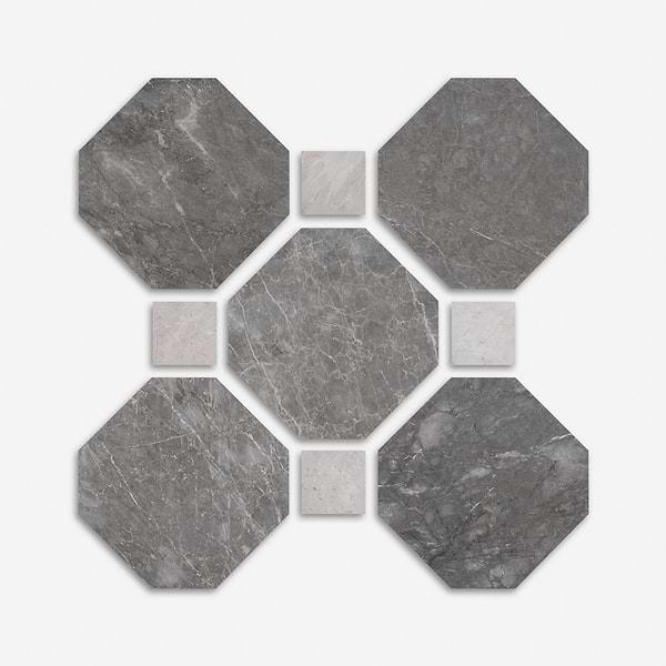 Alaris Lovina Gray 12" Octagon with Earth Gray Dot Honed Marble Tile