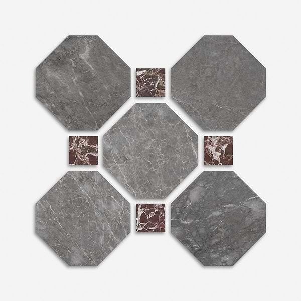 Alaris Lovina Gray 12" Octagon with Rosso Levanto Dot Honed Marble Tile