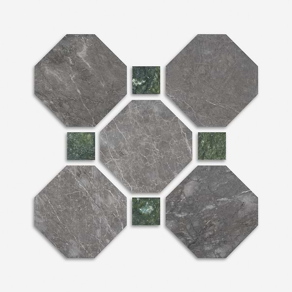 Alaris Lovina Gray 12" Octagon with Verde Dot Honed Marble Tile