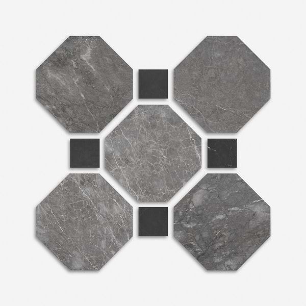 Alaris Lovina Gray 12" Octagon with Black Silk Dot Honed Marble Tile