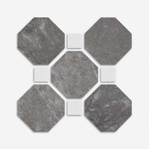 Alaris Lovina Gray 12" Octagon with Glacier White Dot Honed Marble Tile