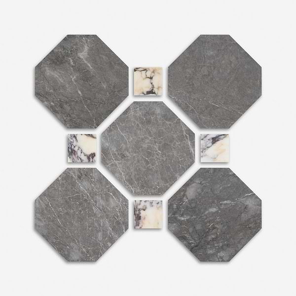 Alaris Lovina Gray 12" Octagon with Calacatta Viola Dot Honed Marble Tile