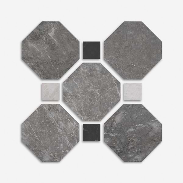 Alaris Lovina Gray 12" Octagon with Black Silk and Earth Gray Dot Honed Marble Tile