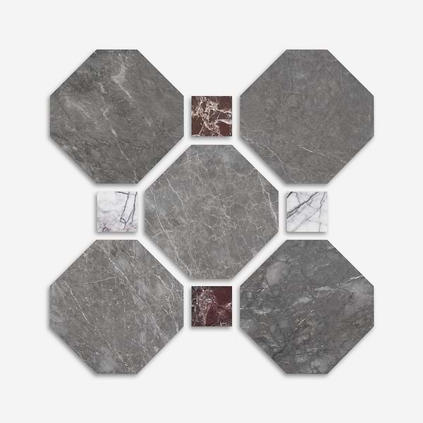 Alaris Lovina Gray 12" Octagon with Lilac and Rosso Levanto Dot Honed Marble Tile